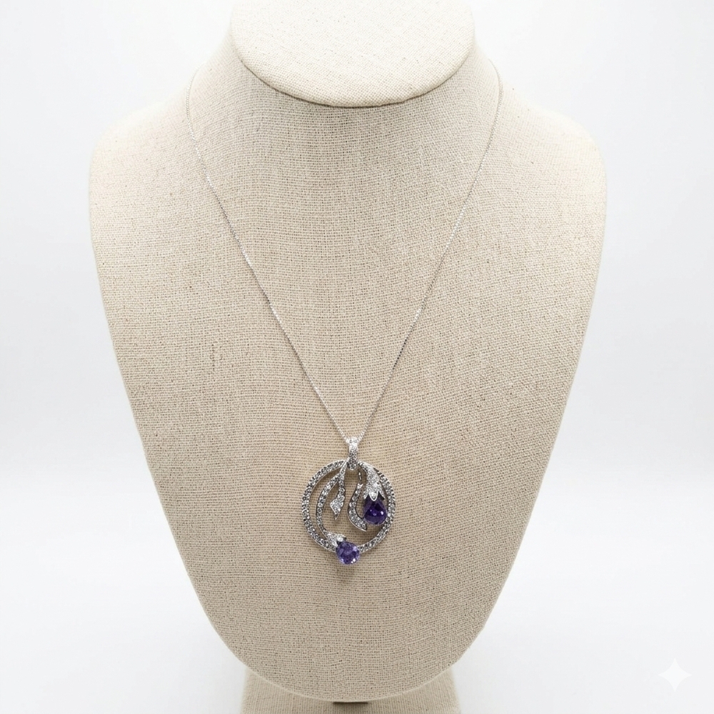 925 Sterling Silver Purple CZ Halo Circle Pendant Necklace Cubic Zirconia